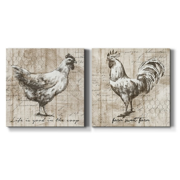 Farm Hen - Premium Gallery Wrapped Canvas - Ready to Hang Set of 2 - 16 x 16 Each