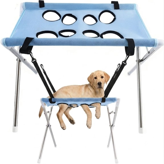 Dog Grooming Hammock, Anti-Escape Breathable Mesh Sling with Table Stand, 8-Hole Restraint for Safe Nail Trimming, Bathing & Ear Care