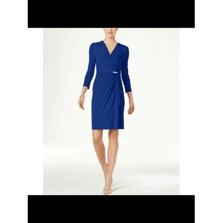 CHARTER CLUB Womens Blue Stretch Embellished Gathered 3/4 Sleeve Surplice Neckline Short Evening Faux Wrap Dress Petites PM