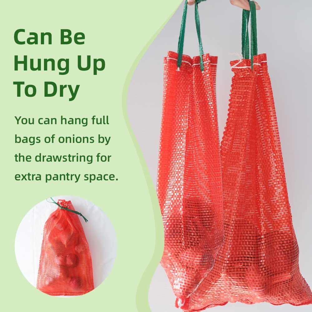 MODANU 50 Pcs 10 lb Mesh Onion Bags, 10"×18" Mesh Produce Bags Hanging Reusable Breathable Vegetable Storage Net Bags with Drawstring for Onions Potatoes Citrus Crawfish, Red