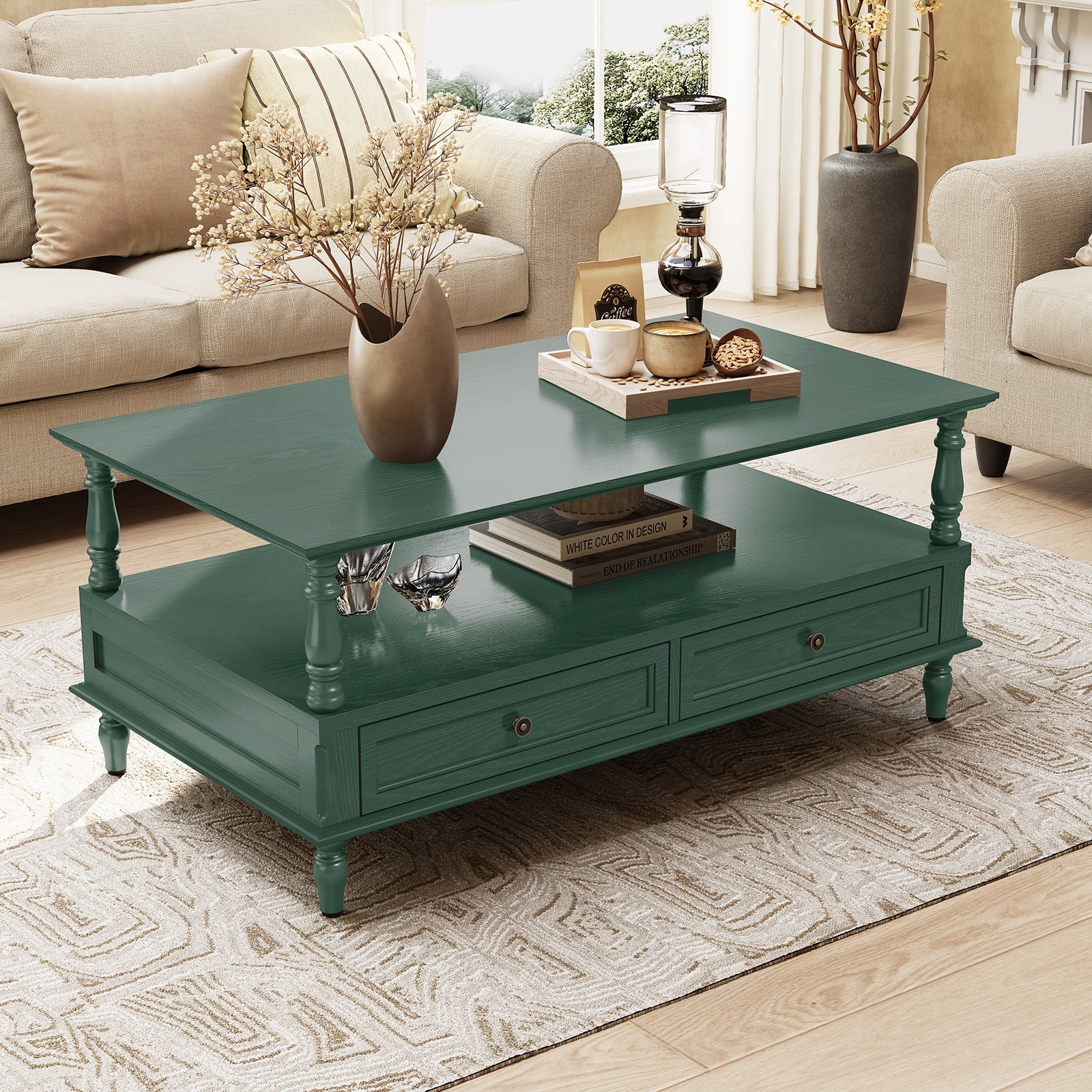 HLR 41" Mid Century Modern Coffee Table with Drawer Storage, Assembled Wood Center Table for Living Room, Green