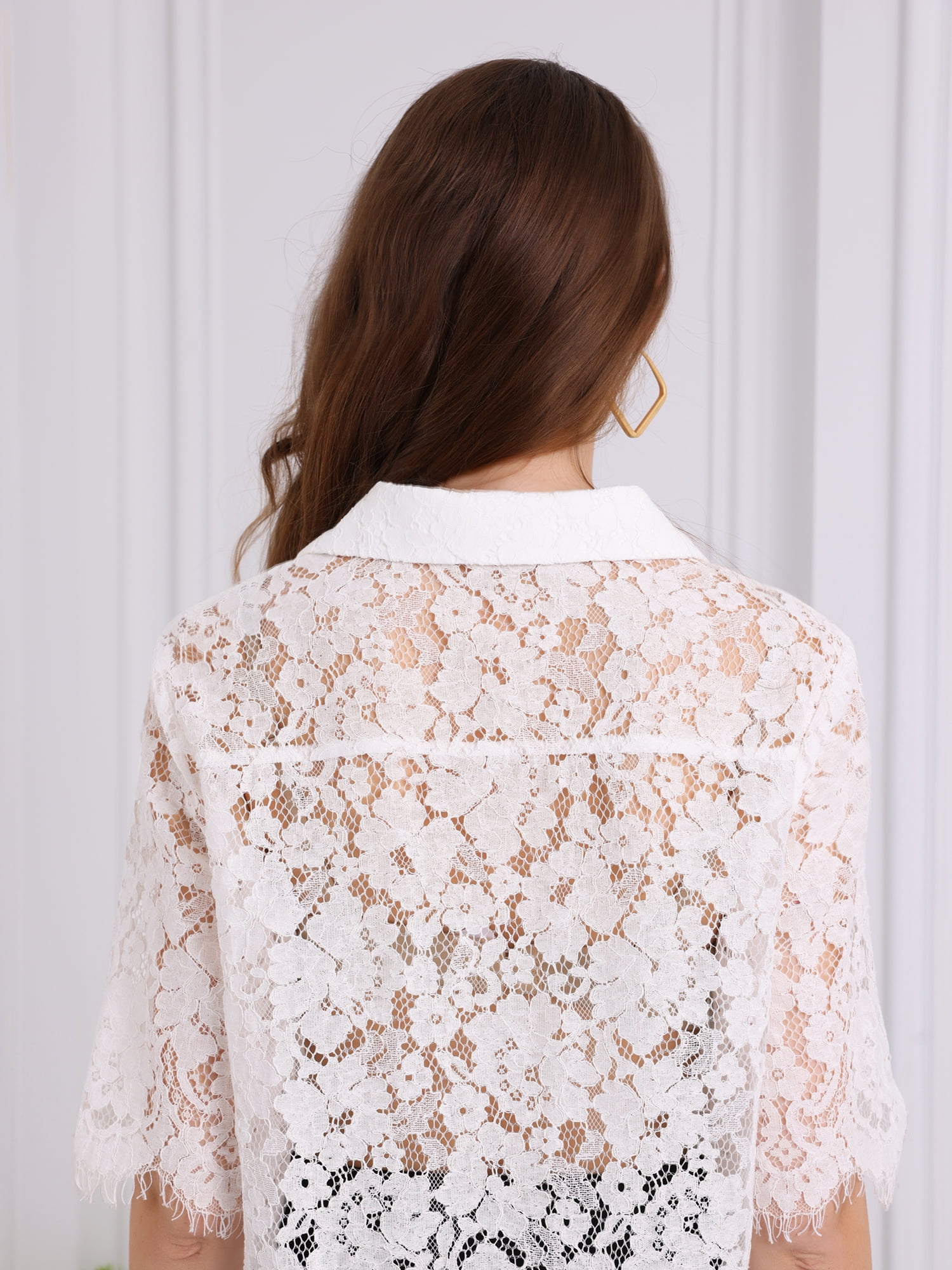 DARING DIVA Women's Lace Shirt Work Mesh Sheer Floral Business Casual Top XL White