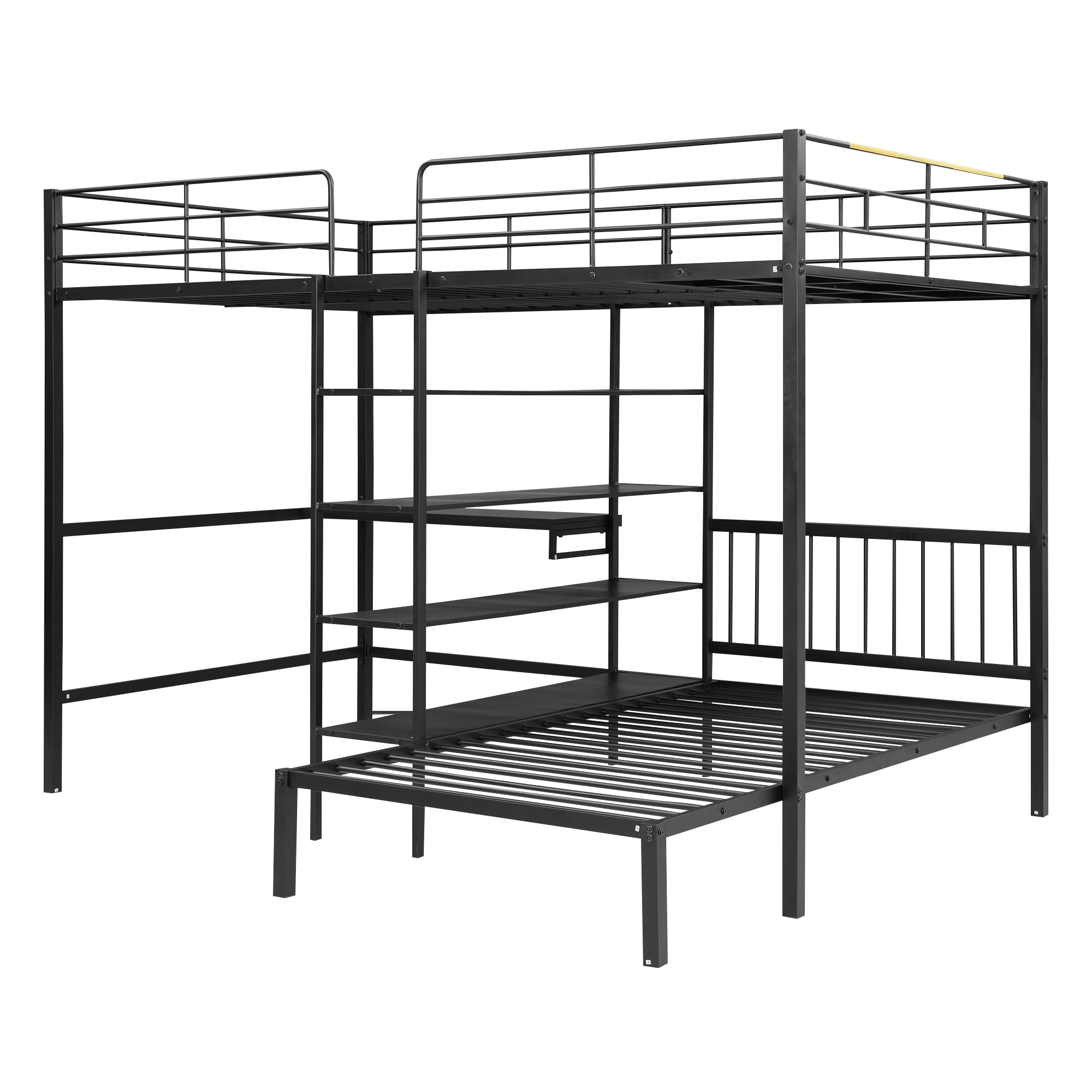 Full Over Twin Bunk Bed with Built-in Desk and Storage Shelves,L-Shape Heavy-Duty Metal Bunk Bed w/Staircase & Safety Guardrail,for Bedroom Boys Girls Adults,Black