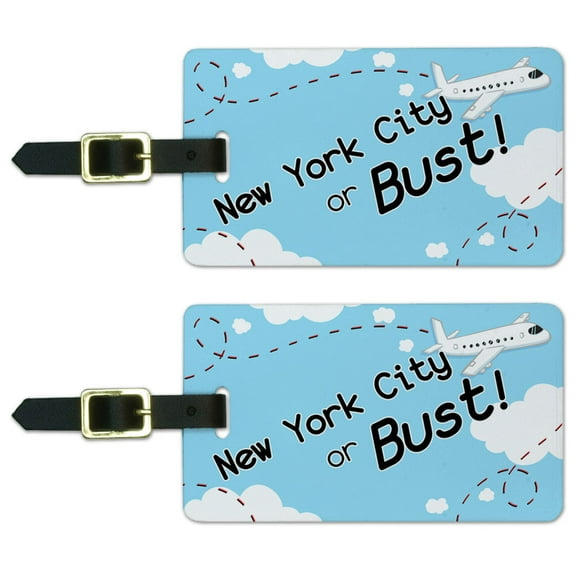 New York City or Bust Flying Airplane Luggage Suitcase Carry-On ID Tags, Set of 2