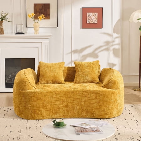 CNMVP Modern Chenille Multifunctional Curved 2 Seater Loveseat Sofa with Armrests and Memory Foam and 2 Pillows, Yellow