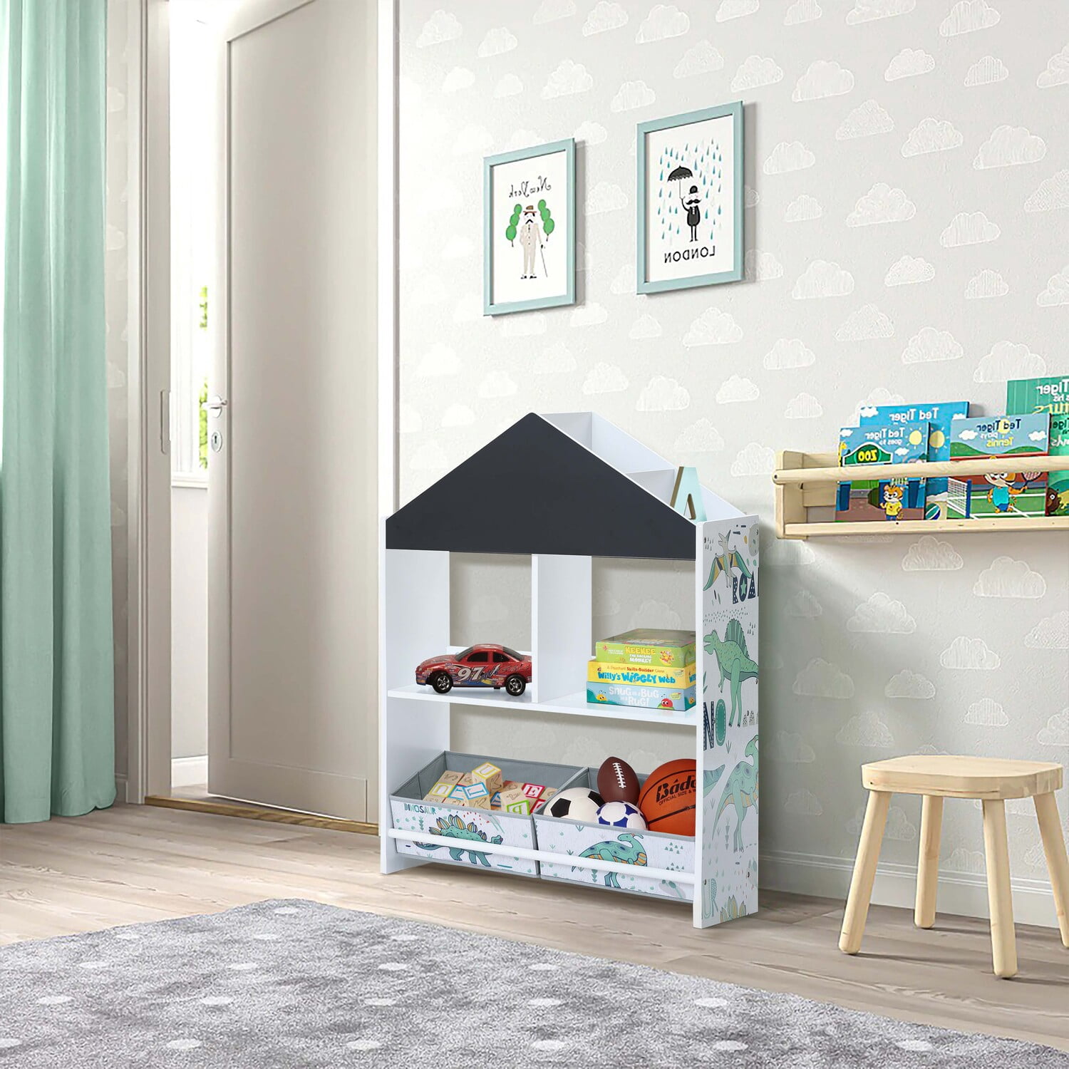 LuxenHome Children's Multi-Functional Dinosaur House Bookcase Toy Storage Bin Floor Cabinet with Blackboard