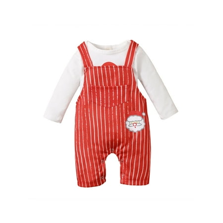 

Sunisery Baby Boy Girl Christmas Suit Set Letter Print O-Neck Long Sleeve Romper Striped Suspender Pant