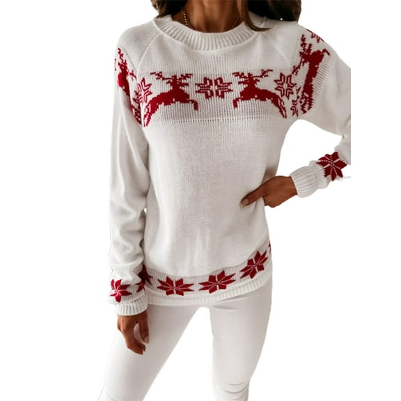 Women Christmas Sweaters Long Sleeve Elk Snowflake Print Knit Tops