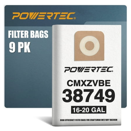 POWERTEC 9PK CMXZVBE38749 Vacuum Bags for Craftsman 38749, for CMXEVBE 17595, 17607, 17596, 17656, 18595, 18695, 16 to 20 Gallon Replacement Dust Collection Bags, Shop Vacuum Bags (75068-P3N)