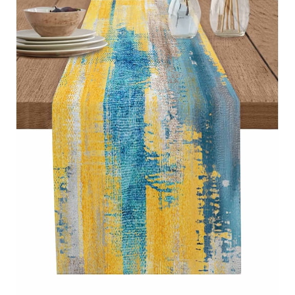 Table Runner Dresser Scarves 70 Inch Long,Abstract Modernism Art Linen Dining Table Runners Yellow Teal Color Block Tabletop Scarf for Wedding Holiday Party Kitchen