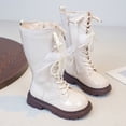 thumbnail image 3 of Mid Calf Combat Boots for Girls Waterproof Leather Winter Warm Lace up Side Zipper High Top Booties Sweet Pearl Bow Princess Dress Boots 1 Big Kid White, 3 of 6