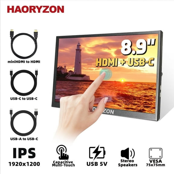 HAORYZON Portable Wide Touch Monitor 8.9 inch USB-C HDMI PC External Touchscreen 1920x1200 IPS LCD Second Screen With Speakers for Smartphone PC Laptop Windows