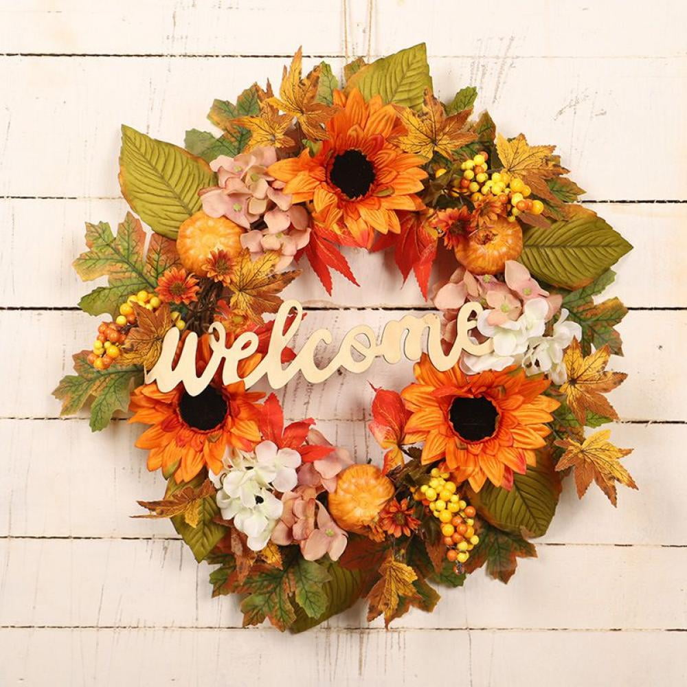 18 Inch Fall Wreath Decoration - Autumn Welcome Wreath with Pumpkin and Sunflowers Harvest Wreath for Front Door Home Halloween Thanksgiveing Decoration