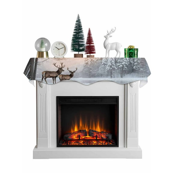 Christmas Elks Mantel Scarf Fireplace Decorations for Living Room, Winter Snowy Forest Sunset Natural Scenery Fireplace Mantel Scarf Cover Runner for Halloween/Thanksgiving/Christmas Decor 90"x17"