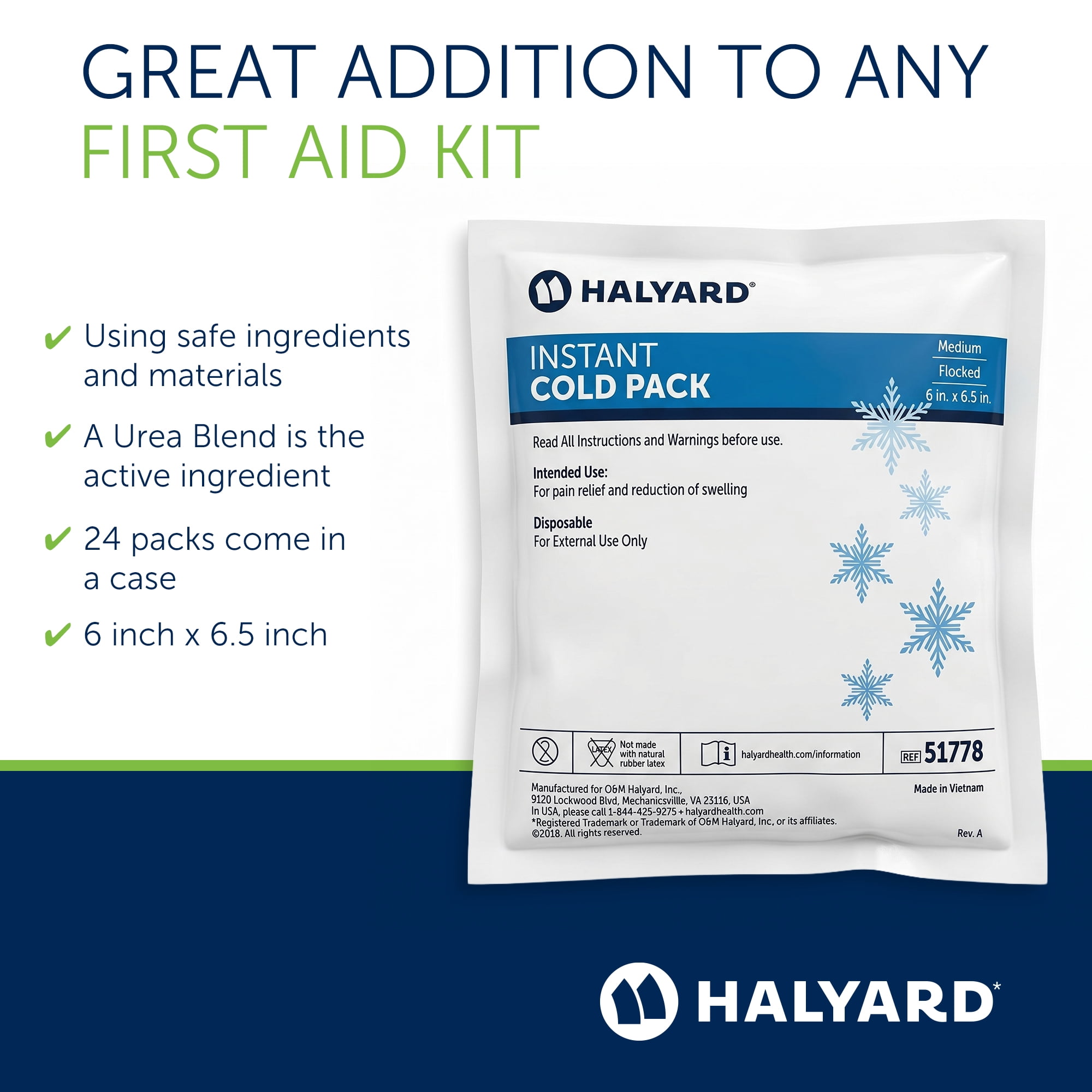 HALYARD Instant Cold Pack Disposable Cold Compress Ice Packs w/ Flocking for Swelling Injuries Toothaches Sprains Strains 6 X 6.5 Inches, 24 Packs Per Case - 51778