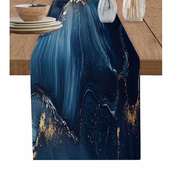 Ldtrchee Navy Blue Table Runner 72 Inches, Ink Painted Marble Artwork Modern Bed Runner Dresser Scarves Tabletop for Indoor Outdoor Parties/Ceremony/Banquet, 18" x 72"