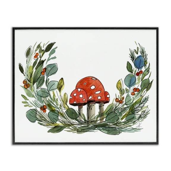 Stupell Industries Mushrooms & Greens Plants & Flowers Painting Black Framed Art Print Wall Art, 14 x 11