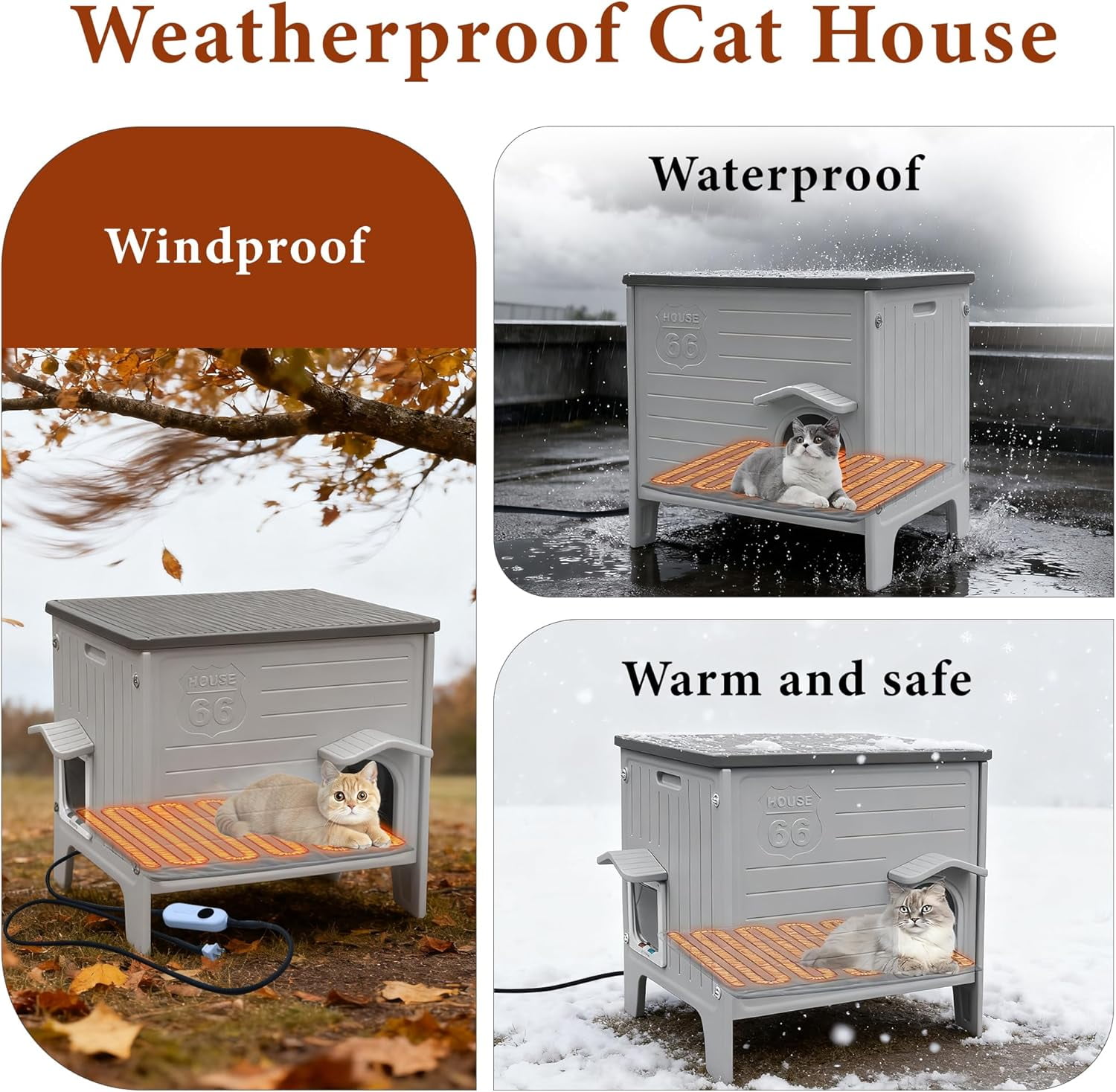 Heated Cat House for Outside in Winter, 100% Waterproof & Insulated Heated Cat House for Outdoor Cats with Heating Pad, Elevated Outdoor Cat House Safe Escape Door