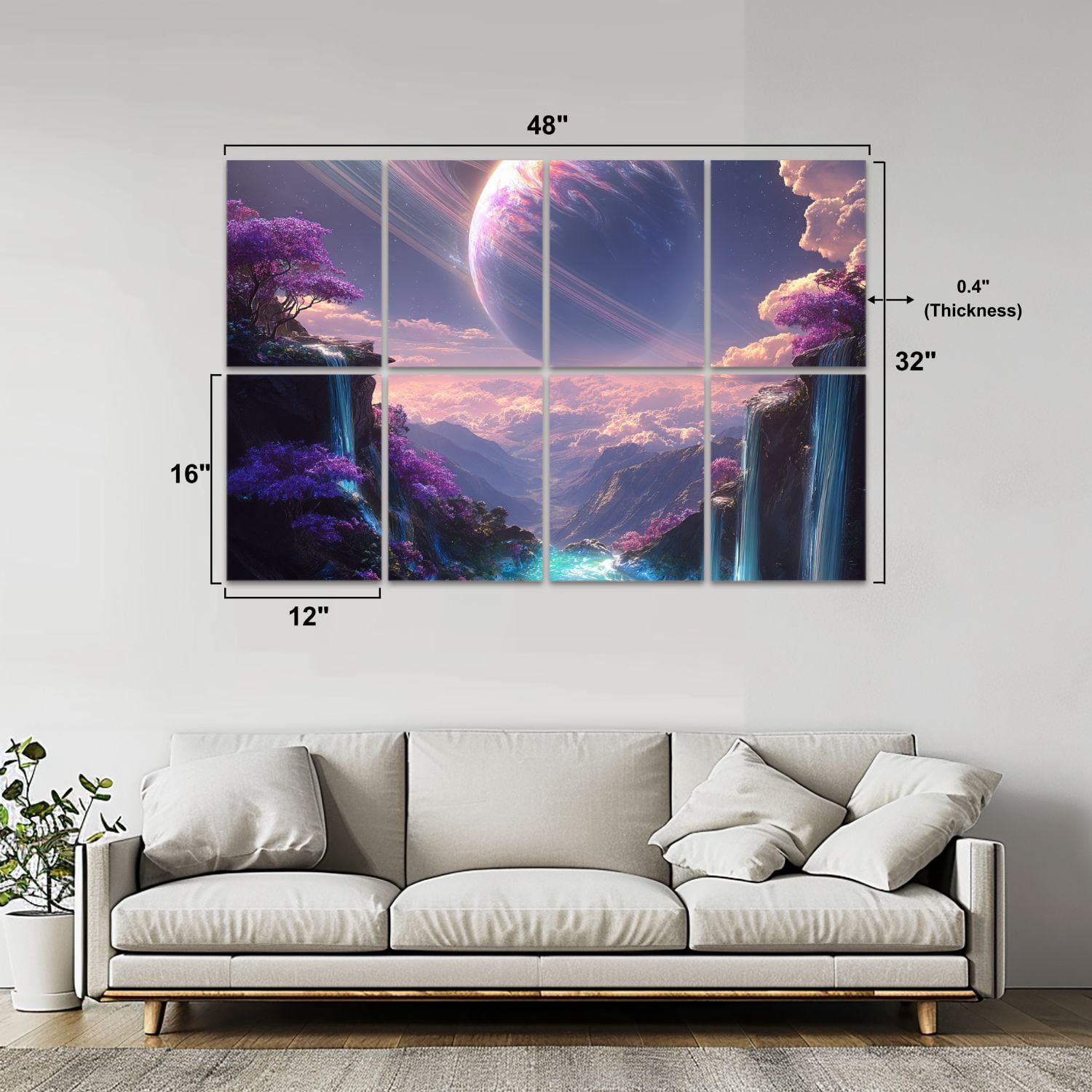 8 Pack Art Acoustic Panels Fantasy Landscape Purple Trees Waterfalls Ringed Planet Sky Self Adhesive Sound Absorbing Panels for Home Office Studio Media Room 48"x32"