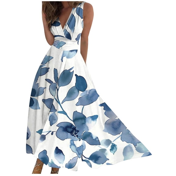 ZQUUVOU Women's Maxi Dress Floral Print Sleeveless V Neck Long Dress Spring Summer Casual Holiday Dress Sundress White