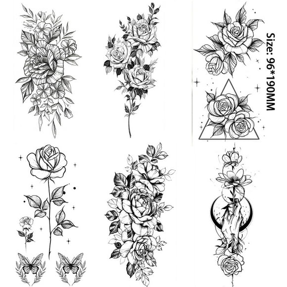 6 Pieces/Lot 3D Realistic Large Flower Temporary Tattoos For Women Body Art Arm Geometric Tattoo Stickers Adults Fake Waterproof Tatoo Legs Sketch Sexy Girl Peach Lily