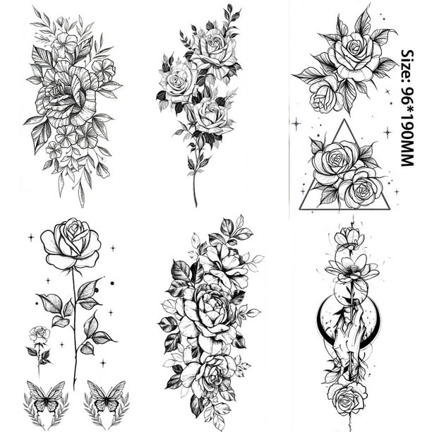 6 Piezas/Lote 3D Realista Flor Grande Tatuajes Temporales para Mujeres Arte Corporal Brazo Geométrico Tatuaje Pegatinas Adultos Falso Impermeable Tatuaje Piernas Bosquejo Chica Sexy Melocotón Lirio