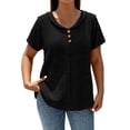 thumbnail image 2 of Siminsem V Neck Textured Button Decor Top for Women Loose Short Sleeve Casual Pullover Tunic Blouse Dressy Loose Fit Cute Casual Top for Daily Outfits, Black, XL, 2 of 5