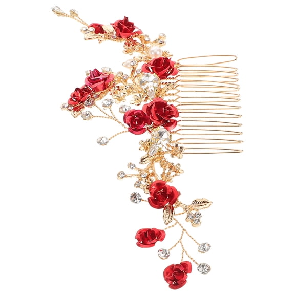 DEEPCRAFF Wedding Hair Comb with Red Flower and Crystal Rhinestones Bridal Hairpiece for Special Occasions