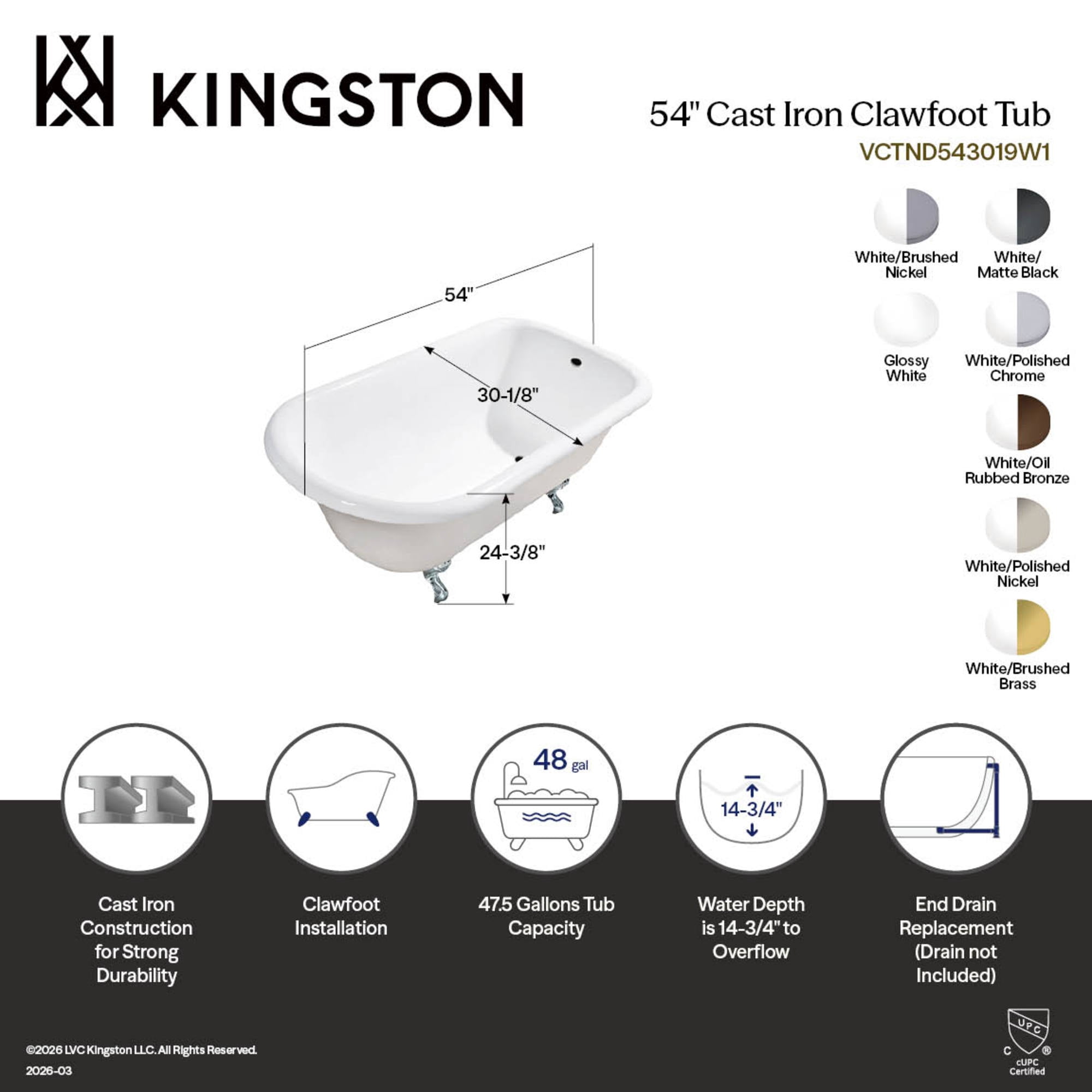 Aqua Eden VCTND543019W6 54-Inch Cast Iron Classic Flat-Rim Roll Top Clawfoot Tub (No Faucet Drillings) in White/Polished Nickel
