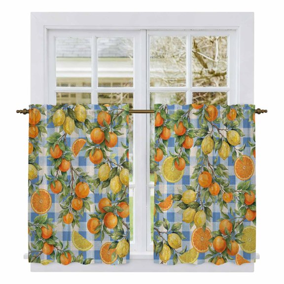 Orange Lemons Kitchen Curtains 45 Inch Length, Summer Botanical Checkered Farmhouse Tiers Curtains for Bathroom Bedroom Cafe, Light Filtering Small Window Treatment Short Drapes 2 Panels 42"Wx45"L