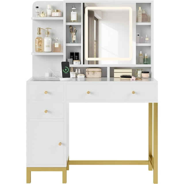 Ourlova Coiffeuse avec Miroir à DEL Éclairé et Prise de Courant, 3 Modes d'Éclairage Luminosité Réglable, Coiffeuse avec Tiroirs et Armoires en Acrylique