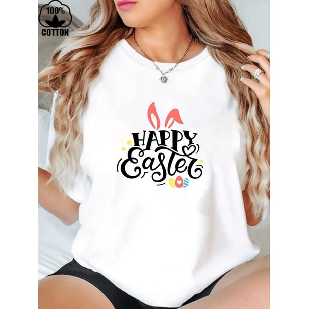 Camiseta estampada 100 % algodón para mujer, de manga corta y cuello redondo, para uso diario informal, 1 pieza, camiseta de ocio.