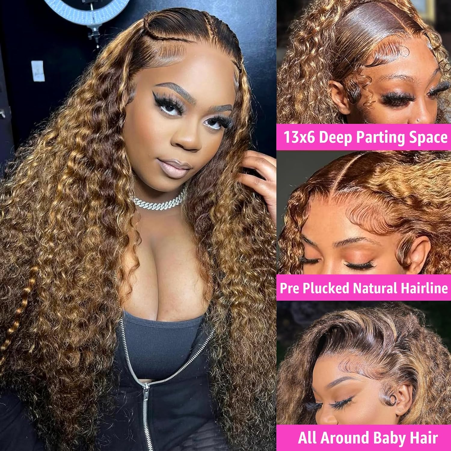 30 Inch Water Wave 13x6 HD Lace Front Wigs Human Hair Ombre Honey Blonde Wig P4/27 Highlight Wet and Wavy Curly Human Hair Frontal Wigs Pre Plucked 200 Density Glueless Frontal Wigs for Women