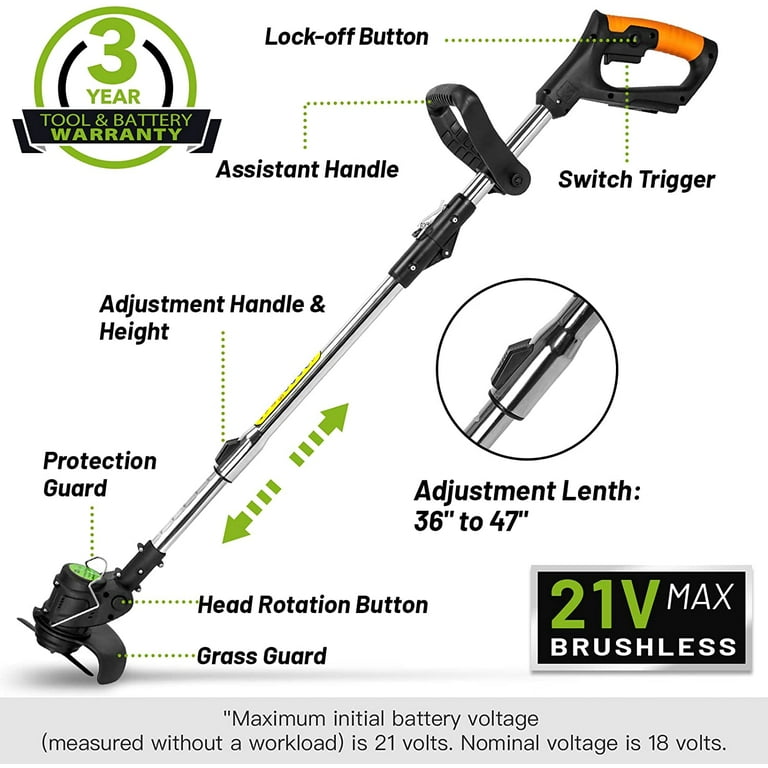 Cordless Weed Eater Grass Trimmer Foldable Weed Eater with Wheels 21V 2Ah  Li-Ion Battery Powered for Lawn Garden (Black) 