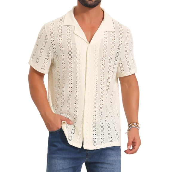 DARING DIVA Men's Hawaiian Camp Collar Button Down Short Sleeve Textured Shirts M Beige
