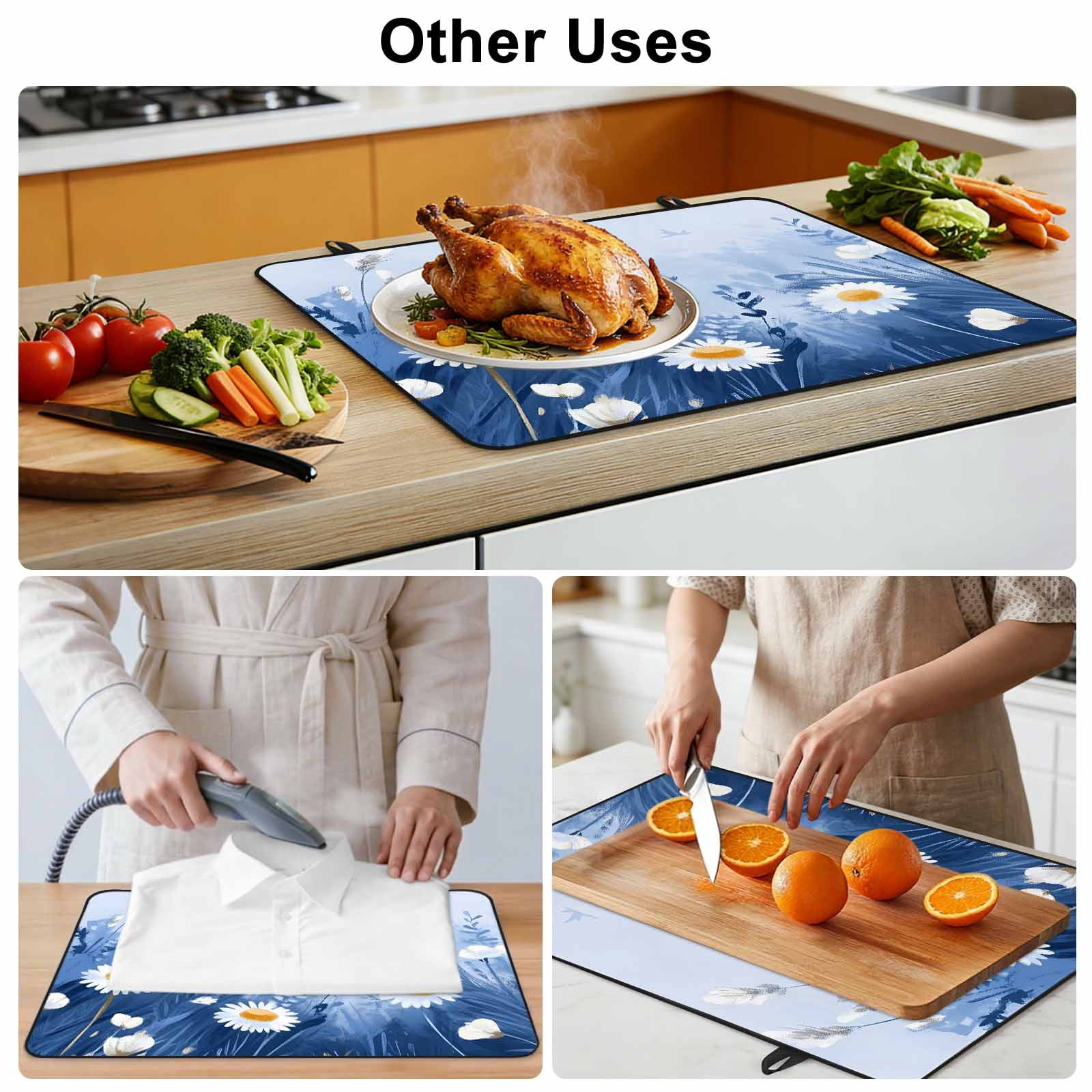 Spring Daisy Blue Stove Top Cover for Electric Stove, Heat-proof & Non Slip Glass Top Stove Cover Protector, Pastoral Botanical White Floral Leaf Kitchen Flat Cooktop Rubber Mat 24x21 Inches
