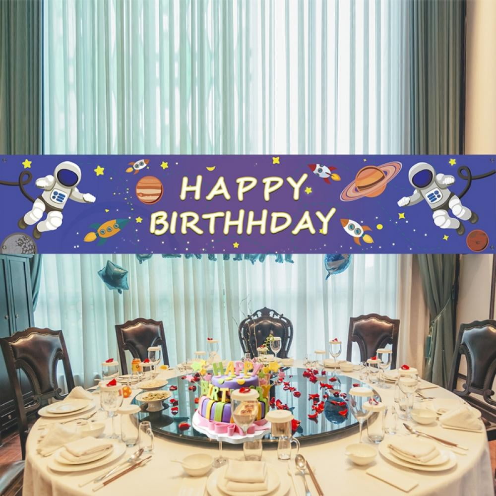 Large Outer Space Happy Birthday Banner, Happy Birthday Decoration Banner Space Theme Astronaut Rocket Birthday Party Banner Supplies Happy Birthday Yard Sign Backdrop Background for Indoor Outdoor