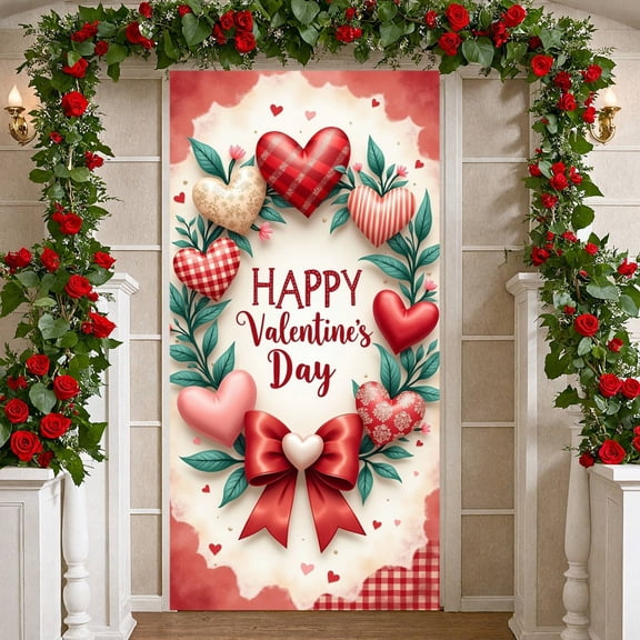 Pink Cherry Blossom Love Banner Red Heart Romantic Display Cartoon s Golden Love Backdrop for Valentine's Day Anniversary Romantic Date