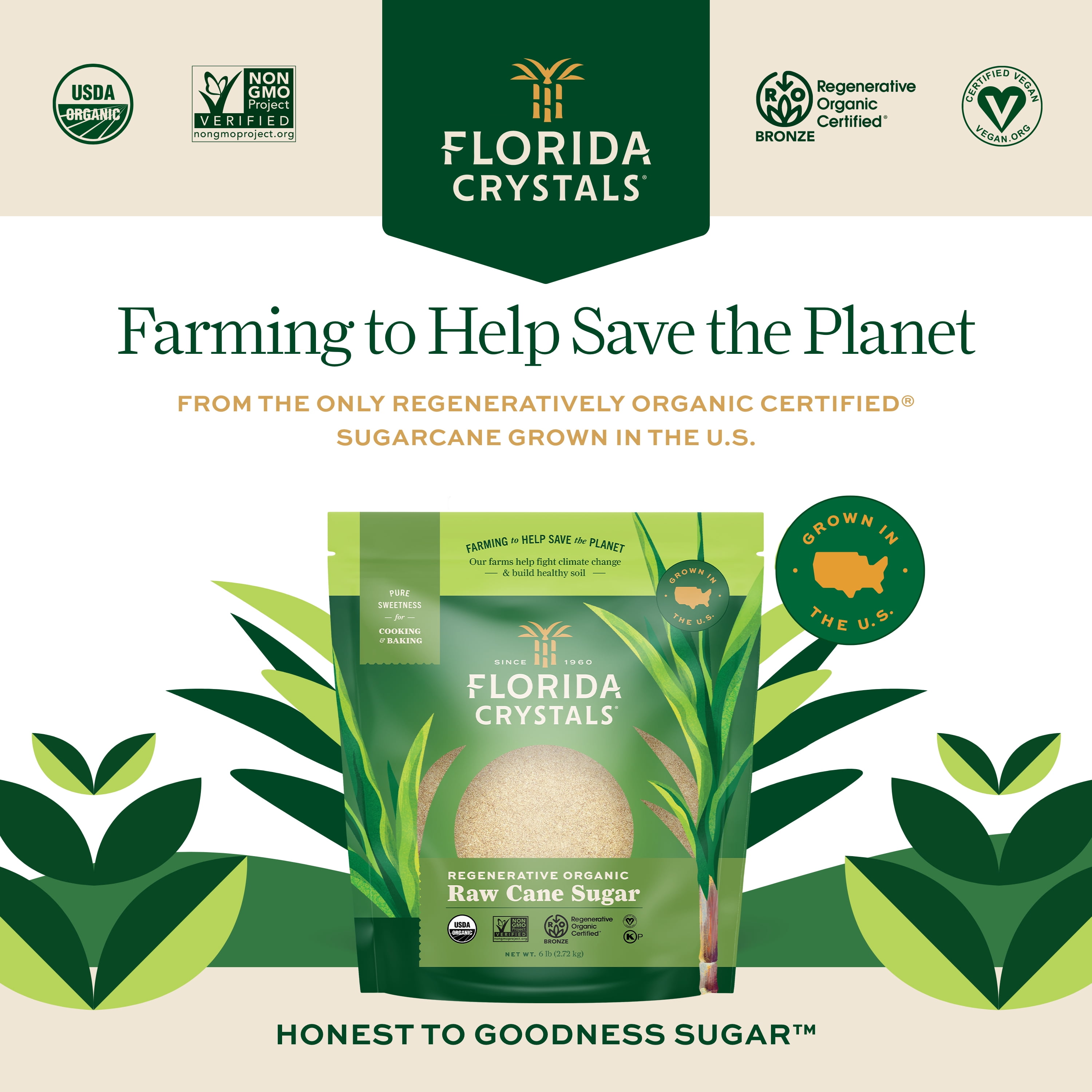 (3 pack) Florida Crystals Regenerative Organic Raw Cane Sugar 6 lb. Pouch