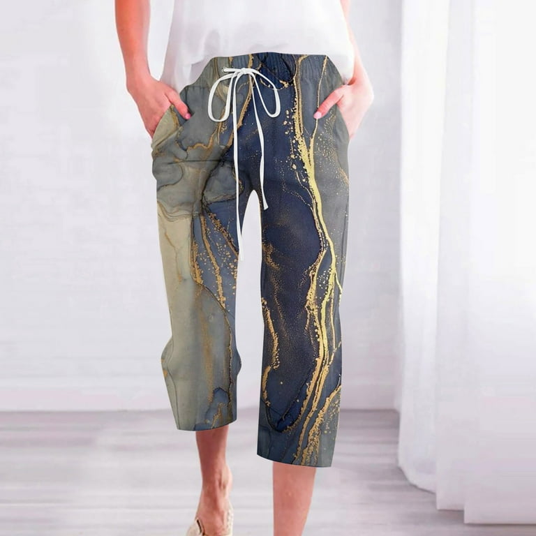 OVBMPZD Fashion Womens Casual Printing Elastic Loose Capri Pants Drawstring  Straight Wide Leg Trousers Cropped Pants Purple 3XL