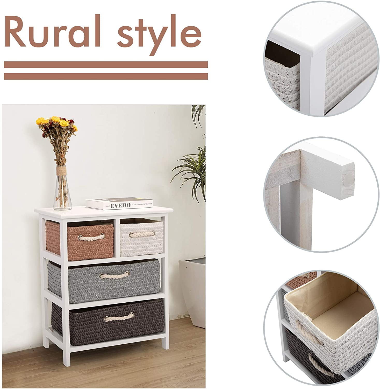 Lowestbest Wood Nightstand, Storage Table with 4 Woven Basket, Storage Unit Rack Shelf, White Lowestbest Wood Nightstand, Storage Table with 4 Woven Basket, Storage Unit Rack Shelf, White