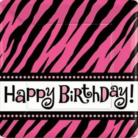 Happy Birthday Party Plates - Zebra Stripes 'Pink and Black' Animal Print 'Happy Birthday' Large Paper Plates (8ct)