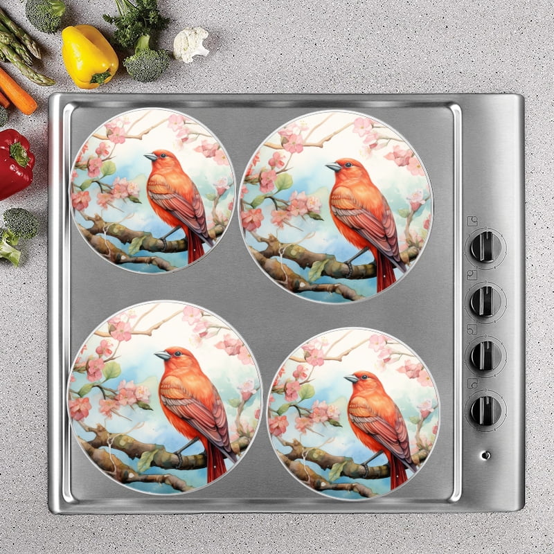 BaHomeck Electric Stove Burner Covers Set of 4,Round Metal Gas Stove Burner Covers 8 Inch and 10 Inch,Kitchen Decor,Red Bird Perched On A Cherry Blossom Tree Branch