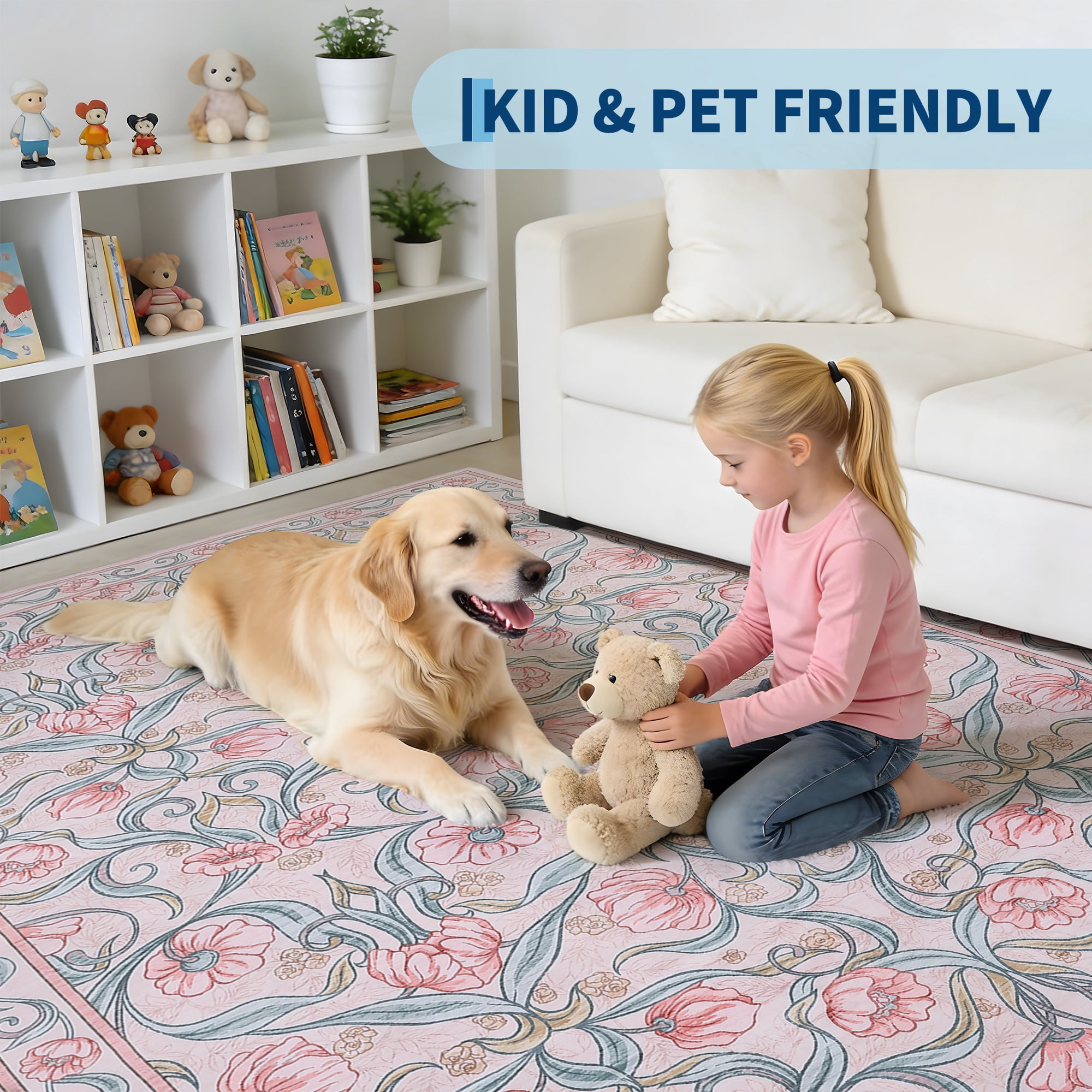 Memoryfield Modern Floral Area Rug 10' x 13', Washable Floor Cover, Soft Low-Pile Non-Slip Carpet, for Living Room Bedroom Dining Room, Pink