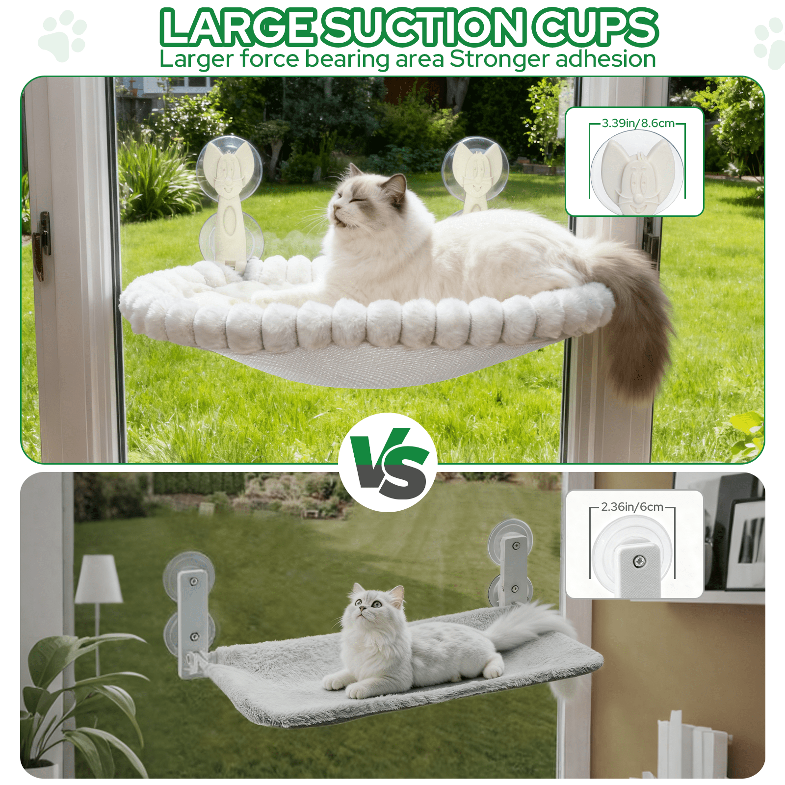 Euqvunn Cat Window Perch, Cat Window Hammock with Metal Frame and Reversible Cover&4 Strong Suction Cups, No Drilling, Cat Beds for Indoor Cats for Sunbathing, Napping & Overlooking(White,Velvet)