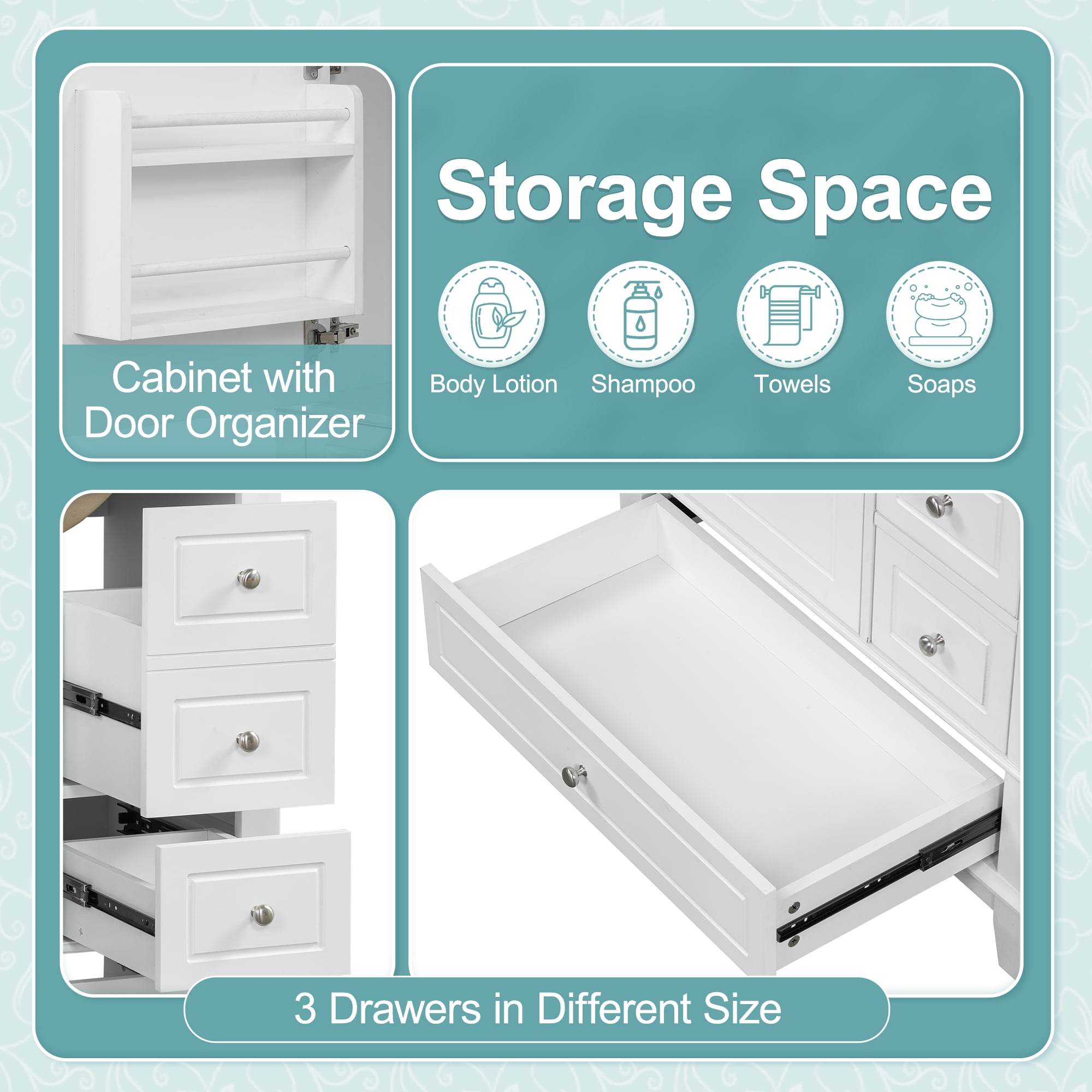 Euroco 30" Bathroom Vanity with Sink, One Door with Shelf and Three Drawers, Soft Close Door