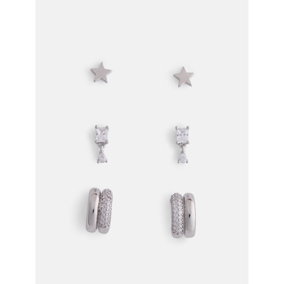 Free Assembly Women's Demi Fine Silver Plated Cubic Zirconia and Star Earring Set, 3-Pairs