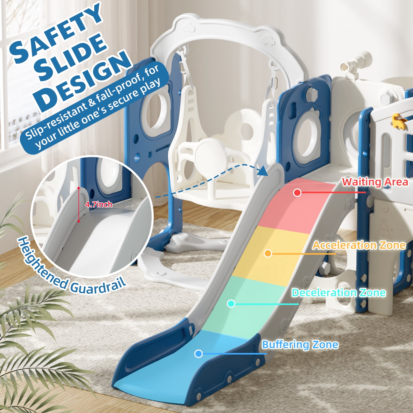 XJD 12 in 1 Toddler Slide and Swing Set - Baby Slide for Toddlers 1-3, Indoor Outdoor Toddler Playset Playground, Blue & Gray