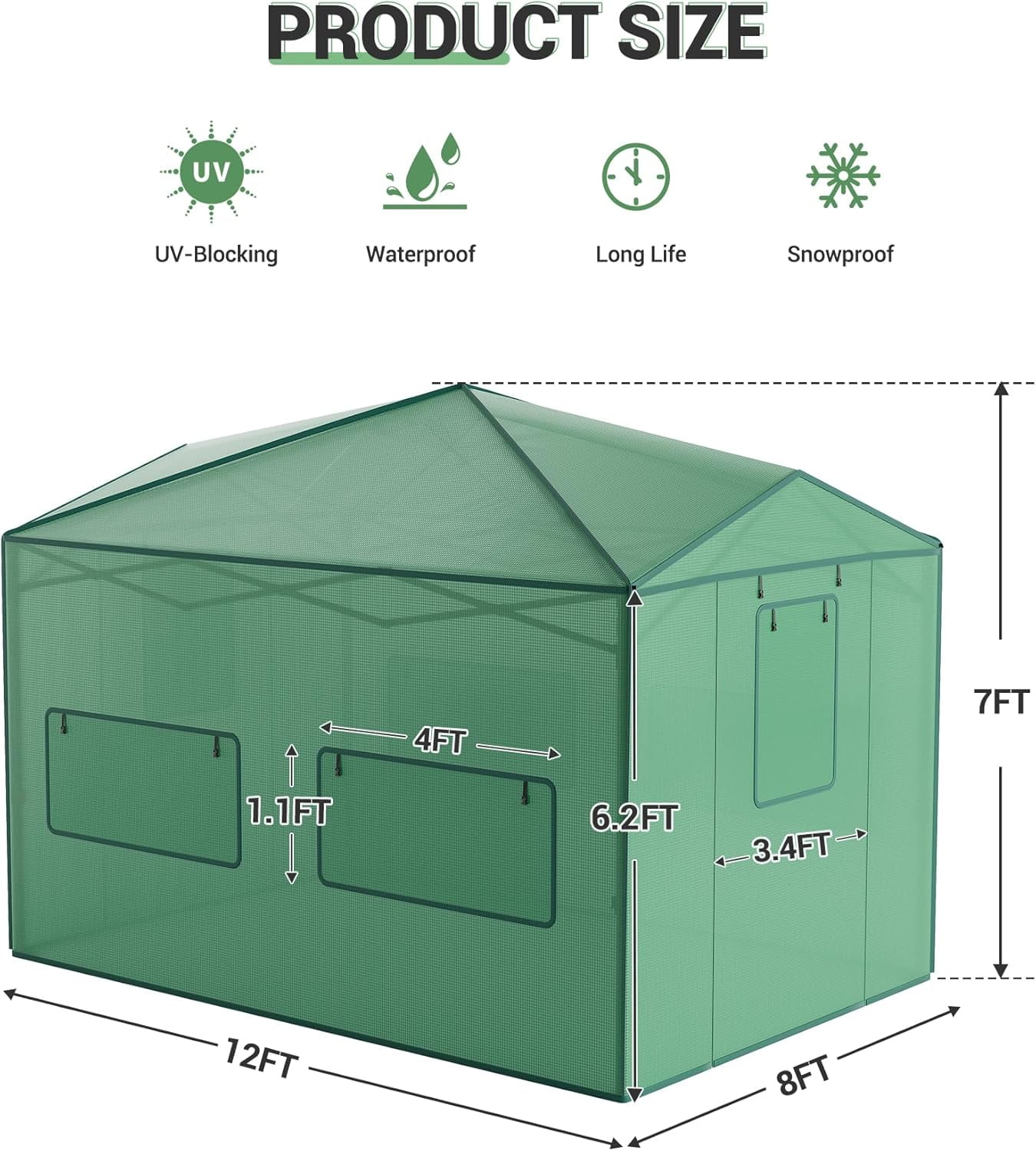 Garvee Pop up Walk-in Greenhouse, 8’x12’,  for Garden Patio Backyard, Green