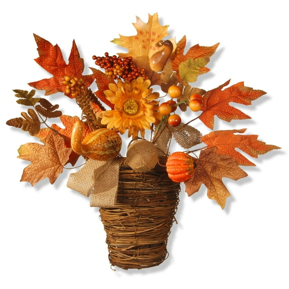 16 in. Artificial Flowers in Wicker Basket, Decorated with Pumpkins, Gourds, Berry Clusters, Burlap